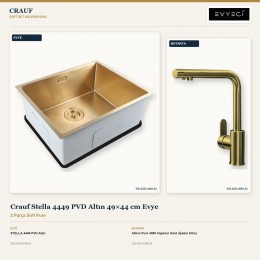 Crauf Stella 4449 PVD Altın 49×44 cm Evye + Attivo Pure 4065 Imperial Gold (İpeksi Altın) Batarya | 2 Parça Soft Pure