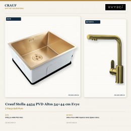 Crauf Stella 4454 PVD Altın 54×44 cm Evye + Attivo Pure 4065 Imperial Gold (İpeksi Altın) Batarya | 2 Parça Soft Pure