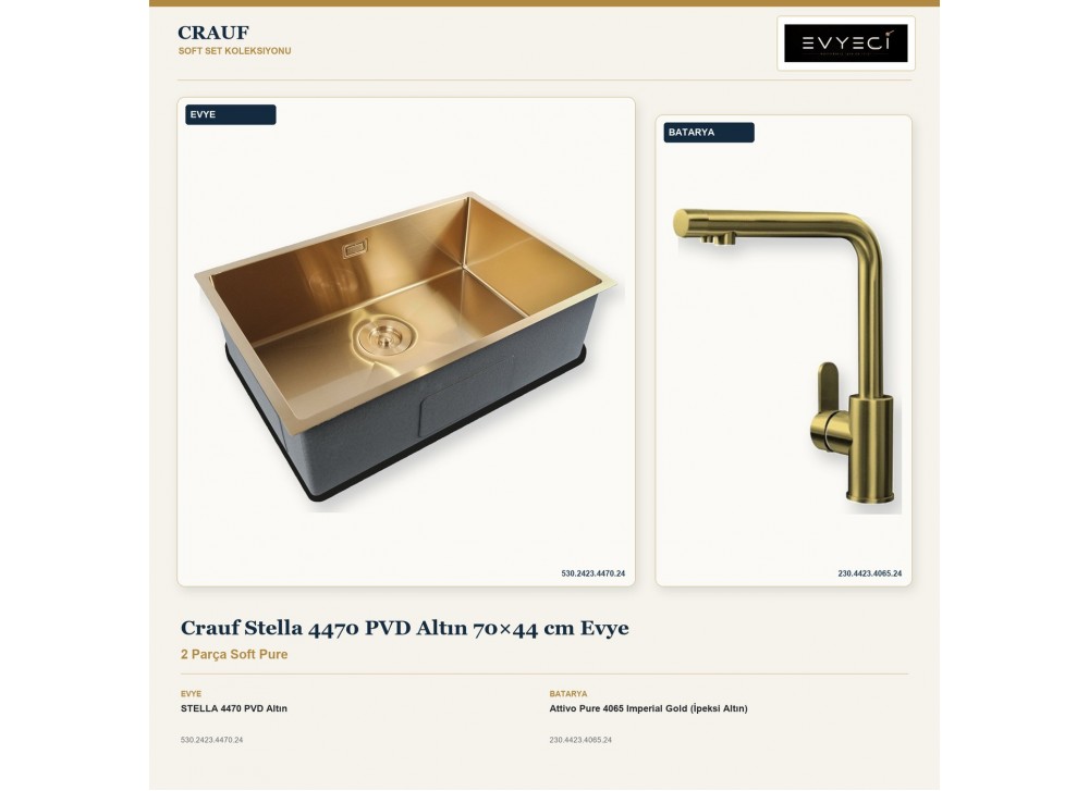 Crauf Stella 4470 PVD Altın 70×44 cm Evye + Attivo Pure 4065 Imperial Gold (İpeksi Altın) Batarya | 2 Parça Soft Pure Crauf Stella 4470 PVD Altın 70×44 cm Evye + Attivo Pure 4065 Imperial Gold (İpeksi Altın) Batarya | 2 Parça Soft Pure