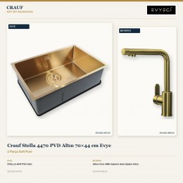 Crauf Stella 4470 PVD Altın 70×44 cm Evye + Attivo Pure 4065 Imperial Gold (İpeksi Altın) Batarya | 2 Parça Soft Pure