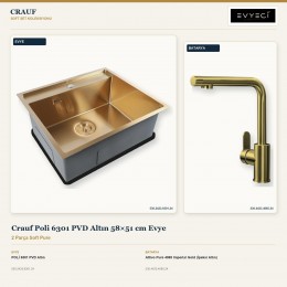 Crauf Poli 6301 PVD Altın 58×51 cm Evye + Attivo Pure 4065 Imperial Gold (İpeksi Altın) Batarya | 2 Parça Soft Pure