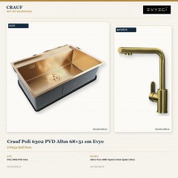 Crauf Poli 6302 PVD Altın 68×51 cm Evye + Attivo Pure 4065 Imperial Gold (İpeksi Altın) Batarya | 2 Parça Soft Pure