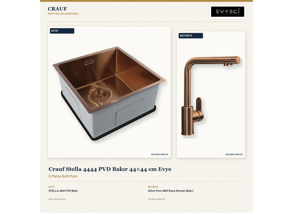 Crauf Stella 4444 PVD Bakır 44×44 cm Evye + Attivo Pure 4065 Royal Bronze (Bakır) Batarya | 2 Parça Soft Pure Crauf Stella 4444 PVD Bakır 44×44 cm Evye + Attivo Pure 4065 Royal Bronze (Bakır) Batarya | 2 Parça Soft Pure