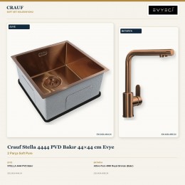Crauf Stella 4444 PVD Bakır 44×44 cm Evye + Attivo Pure 4065 Royal Bronze (Bakır) Batarya | 2 Parça Soft Pure