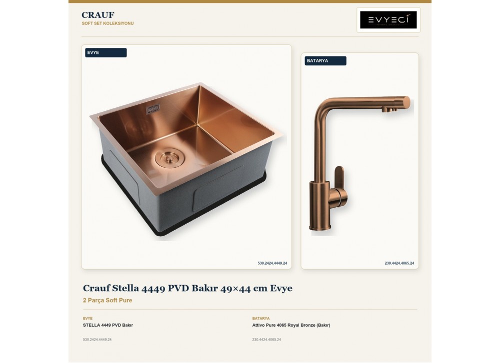 Crauf Stella 4449 PVD Bakır 49×44 cm Evye + Attivo Pure 4065 Royal Bronze (Bakır) Batarya | 2 Parça Soft Pure Crauf Stella 4449 PVD Bakır 49×44 cm Evye + Attivo Pure 4065 Royal Bronze (Bakır) Batarya | 2 Parça Soft Pure