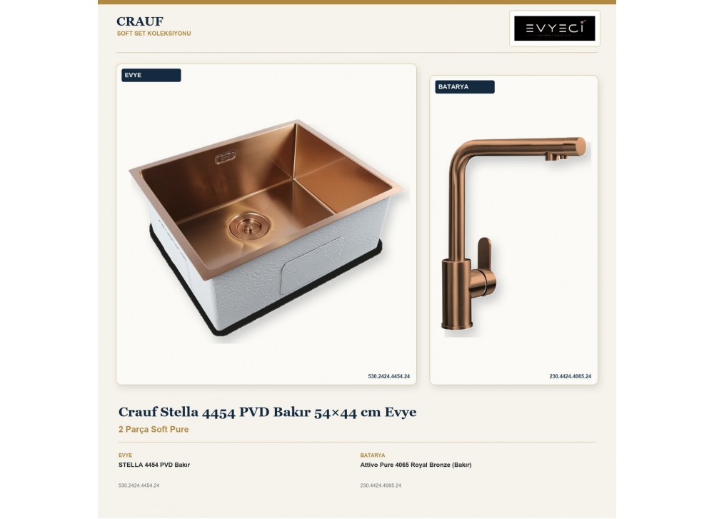 Crauf Stella 4454 PVD Bakır 54×44 cm Evye + Attivo Pure 4065 Royal Bronze (Bakır) Batarya | 2 Parça Soft Pure Crauf Stella 4454 PVD Bakır 54×44 cm Evye + Attivo Pure 4065 Royal Bronze (Bakır) Batarya | 2 Parça Soft Pure