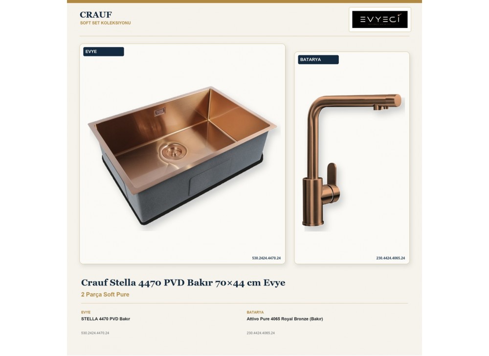 Crauf Stella 4470 PVD Bakır 70×44 cm Evye + Attivo Pure 4065 Royal Bronze (Bakır) Batarya | 2 Parça Soft Pure Crauf Stella 4470 PVD Bakır 70×44 cm Evye + Attivo Pure 4065 Royal Bronze (Bakır) Batarya | 2 Parça Soft Pure