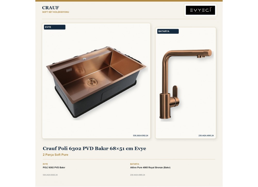 Crauf Poli 6302 PVD Bakır 68×51 cm Evye + Attivo Pure 4065 Royal Bronze (Bakır) Batarya | 2 Parça Soft Pure