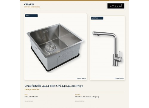 Crauf Stella 4444 Mat Gri 44×44 cm Evye + Attivo Pure 4065 Platinum Satin (İnox) Batarya | 2 Parça Soft Pure