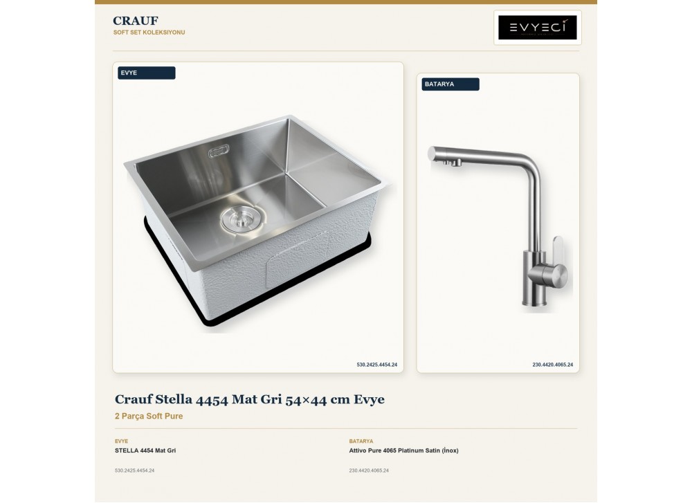 Crauf Stella 4454 Mat Gri 54×44 cm Evye + Attivo Pure 4065 Platinum Satin (İnox) Batarya | 2 Parça Soft Pure Crauf Stella 4454 Mat Gri 54×44 cm Evye + Attivo Pure 4065 Platinum Satin (İnox) Batarya | 2 Parça Soft Pure