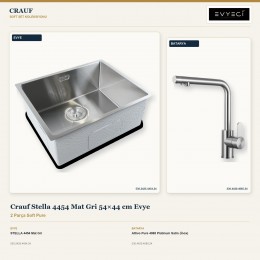 Crauf Stella 4454 Mat Gri 54×44 cm Evye + Attivo Pure 4065 Platinum Satin (İnox) Batarya | 2 Parça Soft Pure