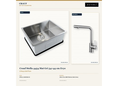 Crauf Stella 4454 Mat Gri 54×44 cm Evye + Attivo Pure 4065 Platinum Satin (İnox) Batarya | 2 Parça Soft Pure