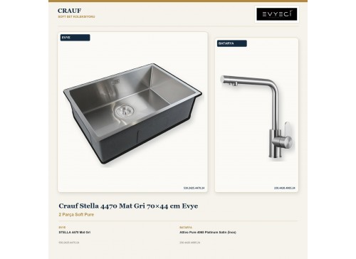 Crauf Stella 4470 Mat Gri 70×44 cm Evye + Attivo Pure 4065 Platinum Satin (İnox) Batarya | 2 Parça Soft Pure