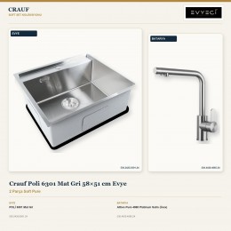 Crauf Poli 6301 Mat Gri 58×51 cm Evye + Attivo Pure 4065 Platinum Satin (İnox) Batarya | 2 Parça Soft Pure