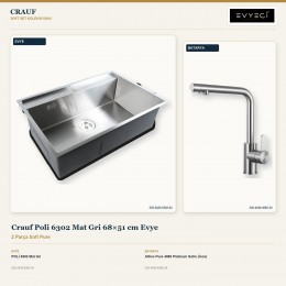 Crauf Poli 6302 Mat Gri 68×51 cm Evye + Attivo Pure 4065 Platinum Satin (İnox) Batarya | 2 Parça Soft Pure