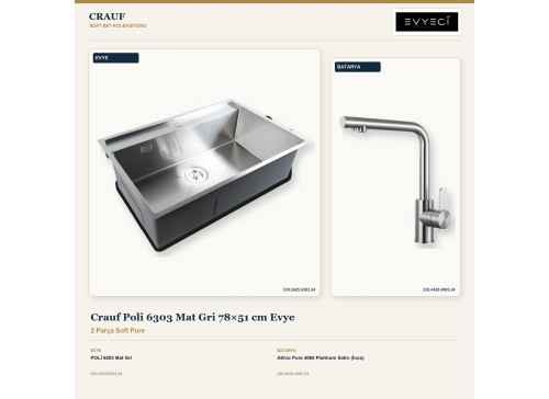 Crauf Poli 6303 Mat Gri 78×51 cm Evye + Attivo Pure 4065 Platinum Satin (İnox) Batarya | 2 Parça Soft Pure