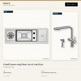 Crauf Lusso 1035 İnox 79×27 cm Evye + Lusso 4040 Platinum Satin (İnox) Batarya | 2 Parça Soft Pure