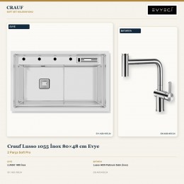 Crauf Lusso 1055 İnox 80×48 cm Evye + Lusso 4035 Platinum Satin (İnox) Batarya | 2 Parça Soft Pro