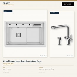 Crauf Lusso 1055 İnox 80×48 cm Evye + Lusso 4040 Platinum Satin (İnox) Batarya | 2 Parça Soft Pure