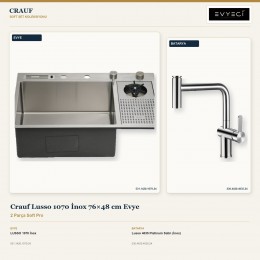 Crauf Lusso 1070 İnox 76×48 cm Evye + Lusso 4035 Platinum Satin (İnox) Batarya | 2 Parça Soft Pro