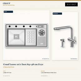 Crauf Lusso 1071 İnox 84×48 cm Evye + Lusso 4040 Platinum Satin (İnox) Batarya | 2 Parça Soft Pure