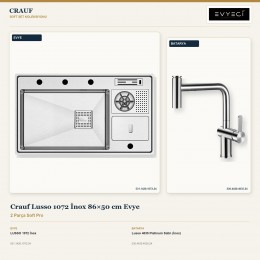 Crauf Lusso 1072 İnox 86×50 cm Evye + Lusso 4035 Platinum Satin (İnox) Batarya | 2 Parça Soft Pro