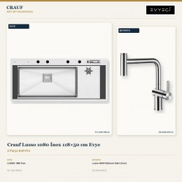 Crauf Lusso 1080 İnox 118×50 cm Evye + Lusso 4035 Platinum Satin (İnox) Batarya | 2 Parça Soft Pro