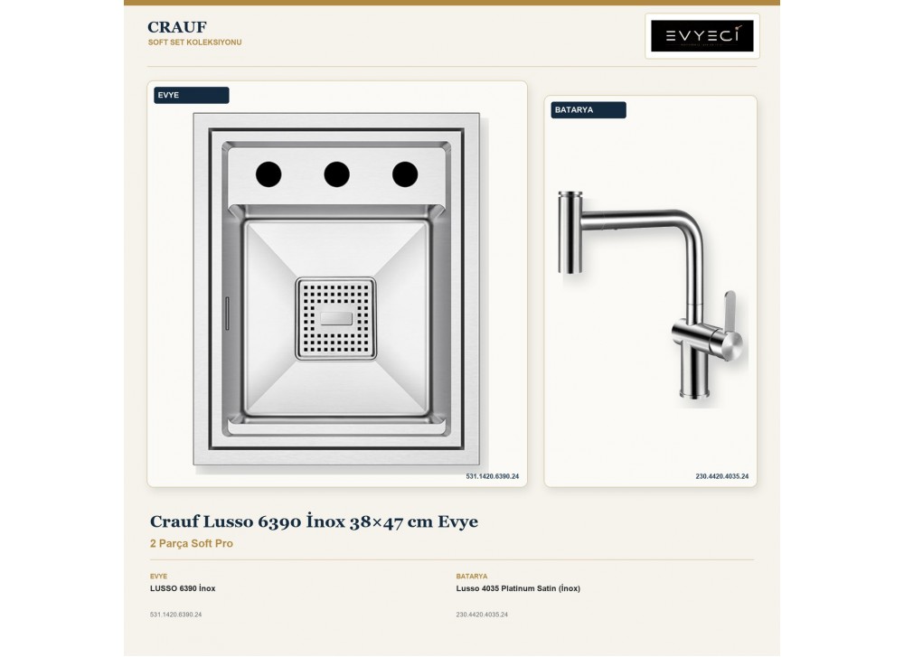 Crauf Lusso 6390 İnox 38×47 cm Evye + Lusso 4035 Platinum Satin (İnox) Batarya | 2 Parça Soft Pro Crauf Lusso 6390 İnox 38×47 cm Evye + Lusso 4035 Platinum Satin (İnox) Batarya | 2 Parça Soft Pro