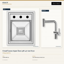Crauf Lusso 6390 İnox 38×47 cm Evye + Lusso 4035 Platinum Satin (İnox) Batarya | 2 Parça Soft Pro