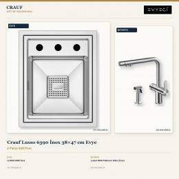 Crauf Lusso 6390 İnox 38×47 cm Evye + Lusso 4040 Platinum Satin (İnox) Batarya | 2 Parça Soft Pure