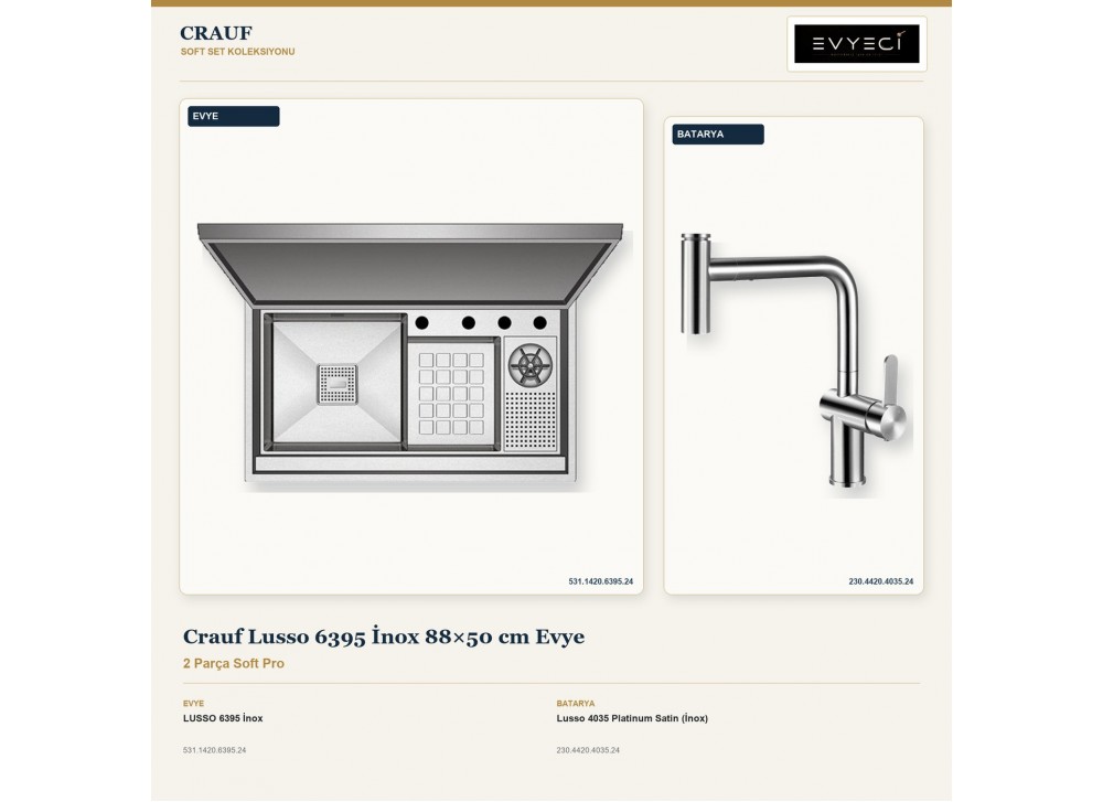 Crauf Lusso 6395 İnox 88×50 cm Evye + Lusso 4035 Platinum Satin (İnox) Batarya | 2 Parça Soft Pro Crauf Lusso 6395 İnox 88×50 cm Evye + Lusso 4035 Platinum Satin (İnox) Batarya | 2 Parça Soft Pro