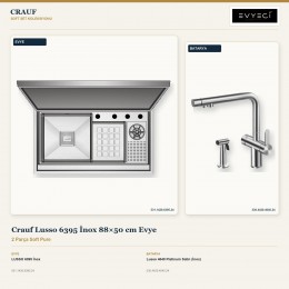 Crauf Lusso 6395 İnox 88×50 cm Evye + Lusso 4040 Platinum Satin (İnox) Batarya | 2 Parça Soft Pure
