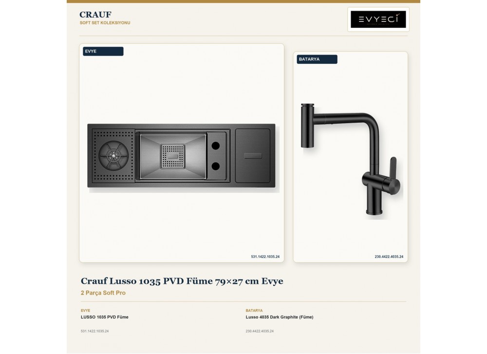 Crauf Lusso 1035 PVD Füme 79×27 cm Evye + Lusso 4035 Dark Graphite (Füme) Batarya | 2 Parça Soft Pro Crauf Lusso 1035 PVD Füme 79×27 cm Evye + Lusso 4035 Dark Graphite (Füme) Batarya | 2 Parça Soft Pro