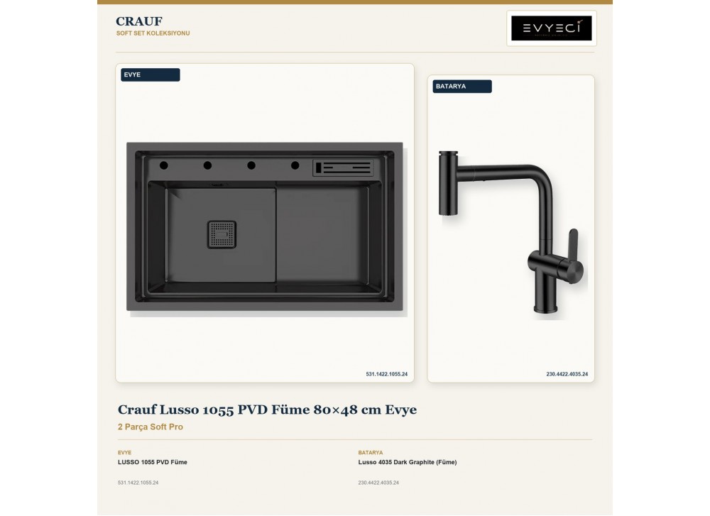 Crauf Lusso 1055 PVD Füme 80×48 cm Evye + Lusso 4035 Dark Graphite (Füme) Batarya | 2 Parça Soft Pro Crauf Lusso 1055 PVD Füme 80×48 cm Evye + Lusso 4035 Dark Graphite (Füme) Batarya | 2 Parça Soft Pro