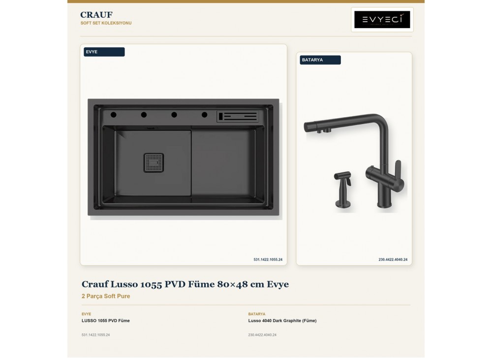 Crauf Lusso 1055 PVD Füme 80×48 cm Evye + Lusso 4040 Dark Graphite (Füme) Batarya | 2 Parça Soft Pure