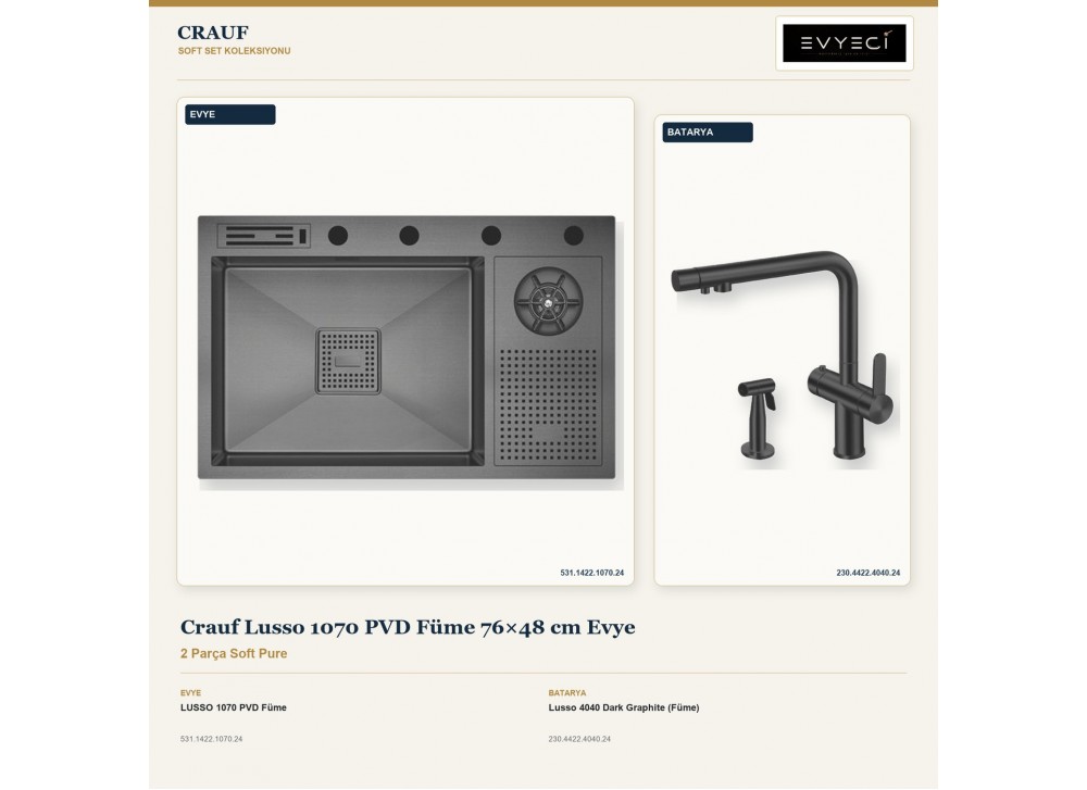 Crauf Lusso 1070 PVD Füme 76×48 cm Evye + Lusso 4040 Dark Graphite (Füme) Batarya | 2 Parça Soft Pure Crauf Lusso 1070 PVD Füme 76×48 cm Evye + Lusso 4040 Dark Graphite (Füme) Batarya | 2 Parça Soft Pure
