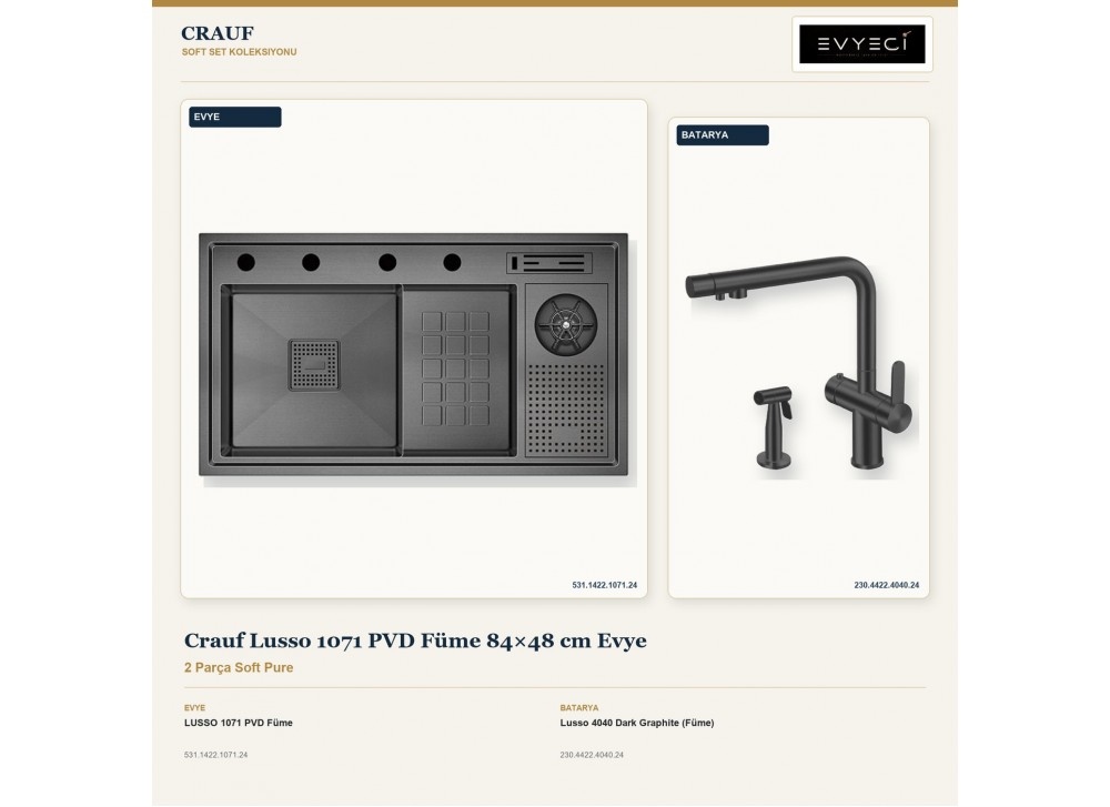 Crauf Lusso 1071 PVD Füme 84×48 cm Evye + Lusso 4040 Dark Graphite (Füme) Batarya | 2 Parça Soft Pure Crauf Lusso 1071 PVD Füme 84×48 cm Evye + Lusso 4040 Dark Graphite (Füme) Batarya | 2 Parça Soft Pure