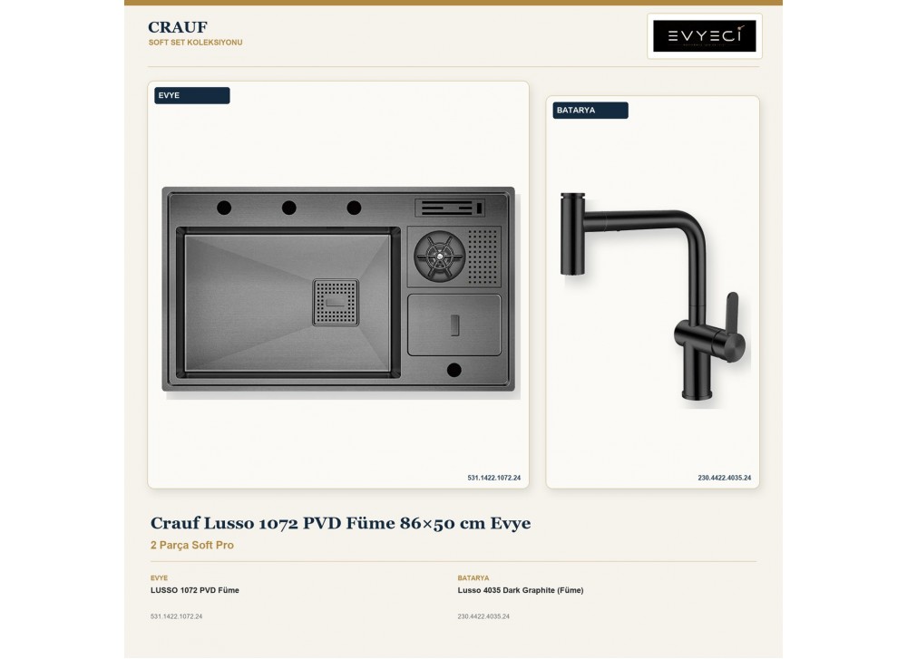 Crauf Lusso 1072 PVD Füme 86×50 cm Evye + Lusso 4035 Dark Graphite (Füme) Batarya | 2 Parça Soft Pro Crauf Lusso 1072 PVD Füme 86×50 cm Evye + Lusso 4035 Dark Graphite (Füme) Batarya | 2 Parça Soft Pro