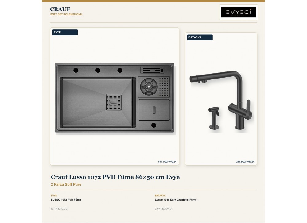 Crauf Lusso 1072 PVD Füme 86×50 cm Evye + Lusso 4040 Dark Graphite (Füme) Batarya | 2 Parça Soft Pure Crauf Lusso 1072 PVD Füme 86×50 cm Evye + Lusso 4040 Dark Graphite (Füme) Batarya | 2 Parça Soft Pure