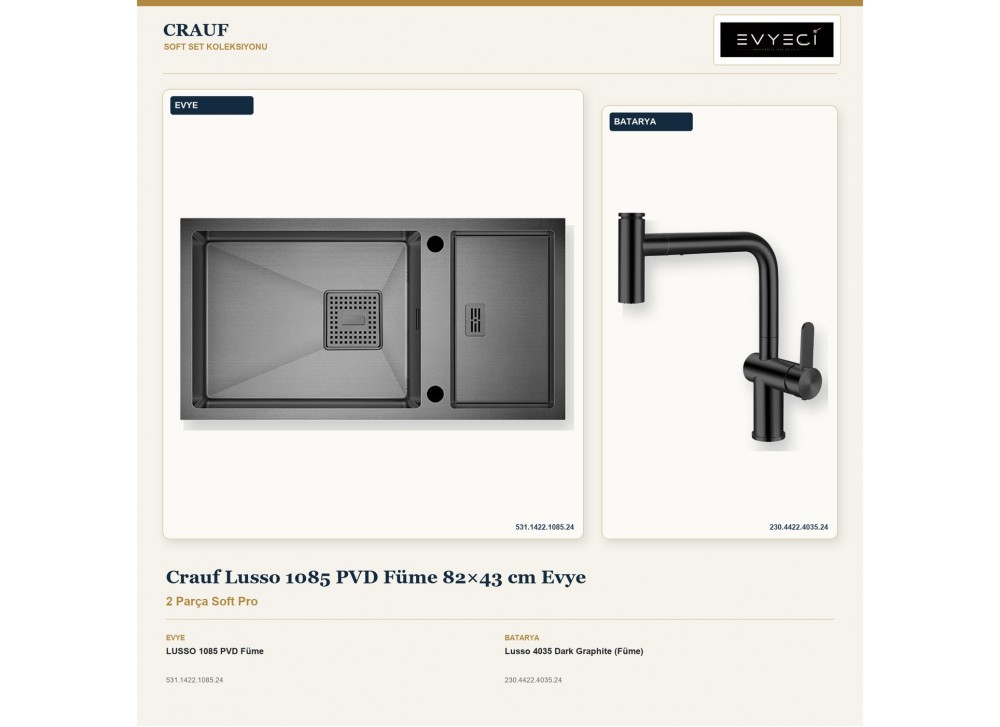 Crauf Lusso 1085 PVD Füme 82×43 cm Evye + Lusso 4035 Dark Graphite (Füme) Batarya | 2 Parça Soft Pro
