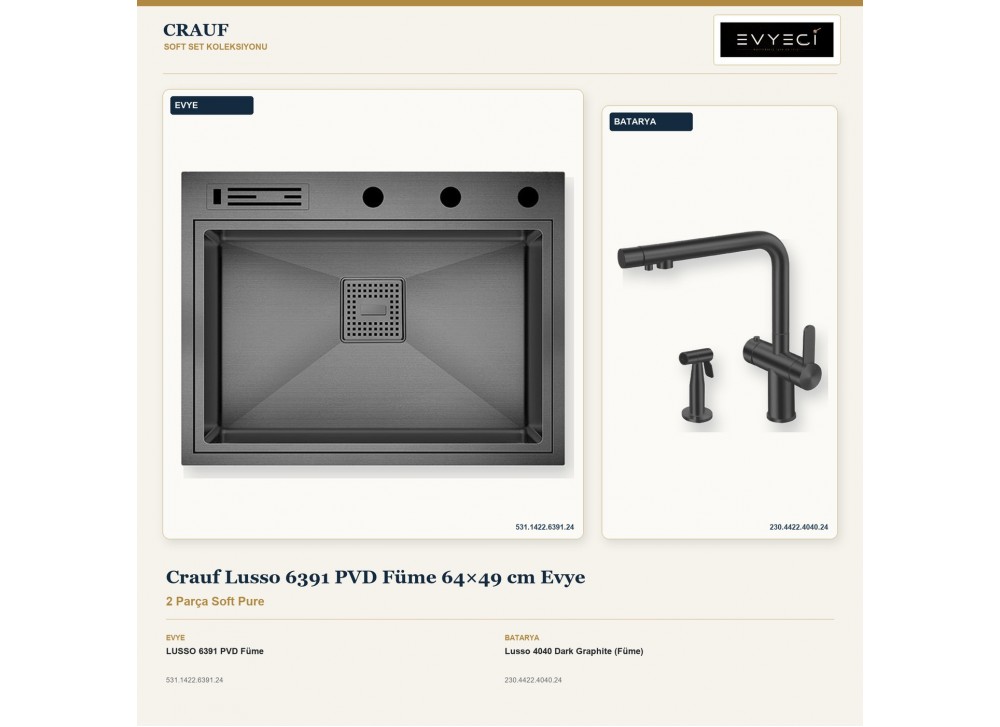 Crauf Lusso 6391 PVD Füme 64×49 cm Evye + Lusso 4040 Dark Graphite (Füme) Batarya | 2 Parça Soft Pure Crauf Lusso 6391 PVD Füme 64×49 cm Evye + Lusso 4040 Dark Graphite (Füme) Batarya | 2 Parça Soft Pure