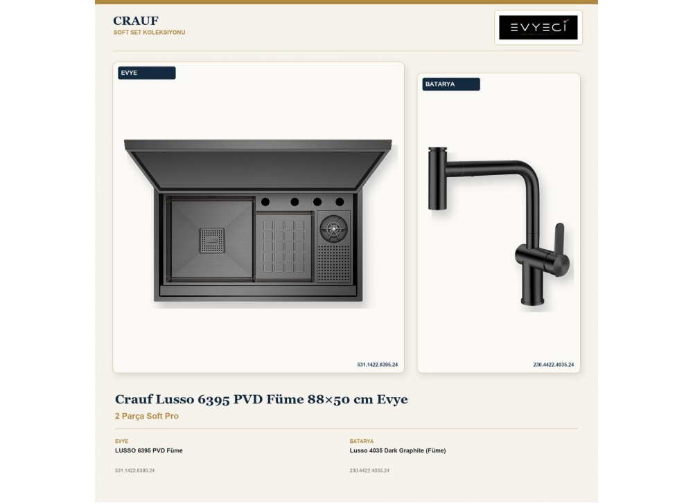 Crauf Lusso 6395 PVD Füme 88×50 cm Evye + Lusso 4035 Dark Graphite (Füme) Batarya | 2 Parça Soft Pro Crauf Lusso 6395 PVD Füme 88×50 cm Evye + Lusso 4035 Dark Graphite (Füme) Batarya | 2 Parça Soft Pro