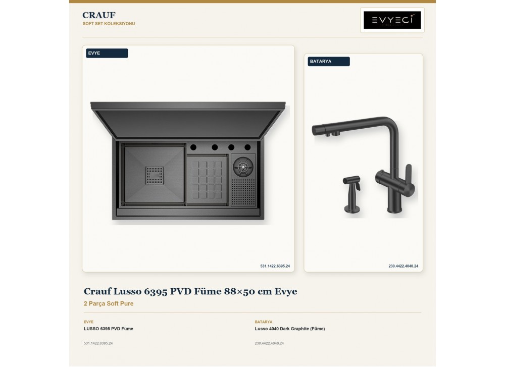 Crauf Lusso 6395 PVD Füme 88×50 cm Evye + Lusso 4040 Dark Graphite (Füme) Batarya | 2 Parça Soft Pure Crauf Lusso 6395 PVD Füme 88×50 cm Evye + Lusso 4040 Dark Graphite (Füme) Batarya | 2 Parça Soft Pure