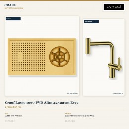 Crauf Lusso 1030 PVD Altın 42×22 cm Evye + Lusso 4035 Imperial Gold (İpeksi Altın) Batarya | 2 Parça Soft Pro