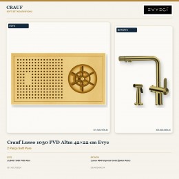 Crauf Lusso 1030 PVD Altın 42×22 cm Evye + Lusso 4040 Imperial Gold (İpeksi Altın) Batarya | 2 Parça Soft Pure