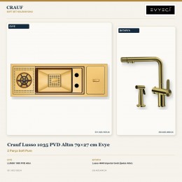 Crauf Lusso 1035 PVD Altın 79×27 cm Evye + Lusso 4040 Imperial Gold (İpeksi Altın) Batarya | 2 Parça Soft Pure