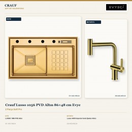 Crauf Lusso 1056 PVD Altın 86×48 cm Evye + Lusso 4035 Imperial Gold (İpeksi Altın) Batarya | 2 Parça Soft Pro