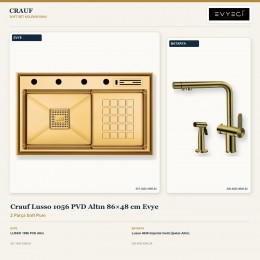 Crauf Lusso 1056 PVD Altın 86×48 cm Evye + Lusso 4040 Imperial Gold (İpeksi Altın) Batarya | 2 Parça Soft Pure