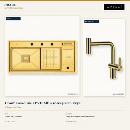 Crauf Lusso 1061 PVD Altın 100×48 cm Evye + Lusso 4035 Imperial Gold (İpeksi Altın) Batarya | 2 Parça Soft Pro