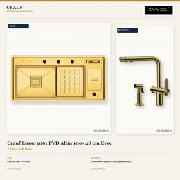 Crauf Lusso 1061 PVD Altın 100×48 cm Evye + Lusso 4040 Imperial Gold (İpeksi Altın) Batarya | 2 Parça Soft Pure